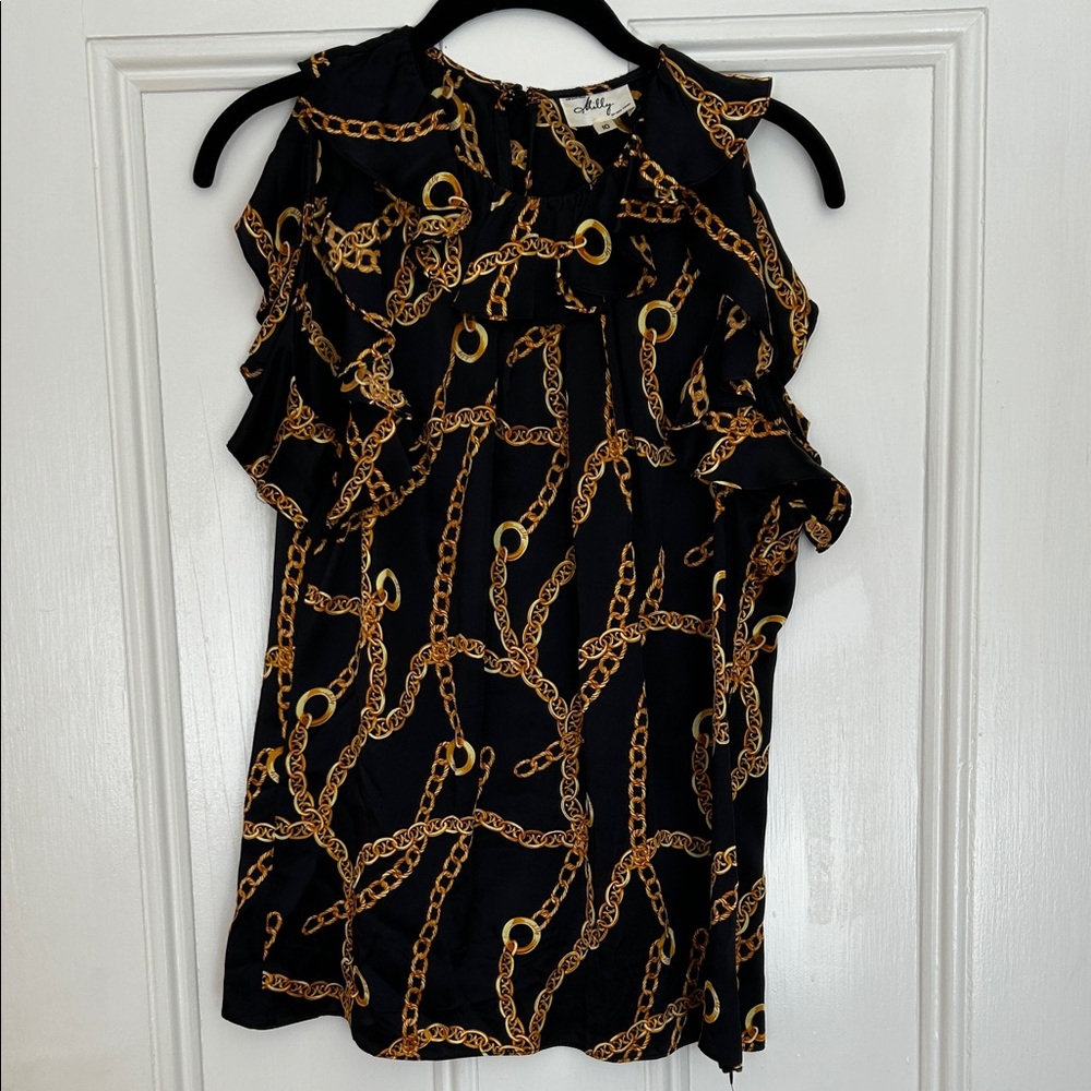 Milly 100% silk Black and Gold Chain Pattern sleeveless Blouse